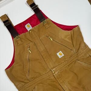 Vintage Carhartt Duck Canvas Insulated Bib Overalls Brown Quilt Lined 44x30